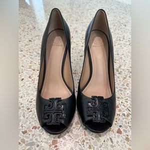 Tory Burch Black peep toe wedges, size 7